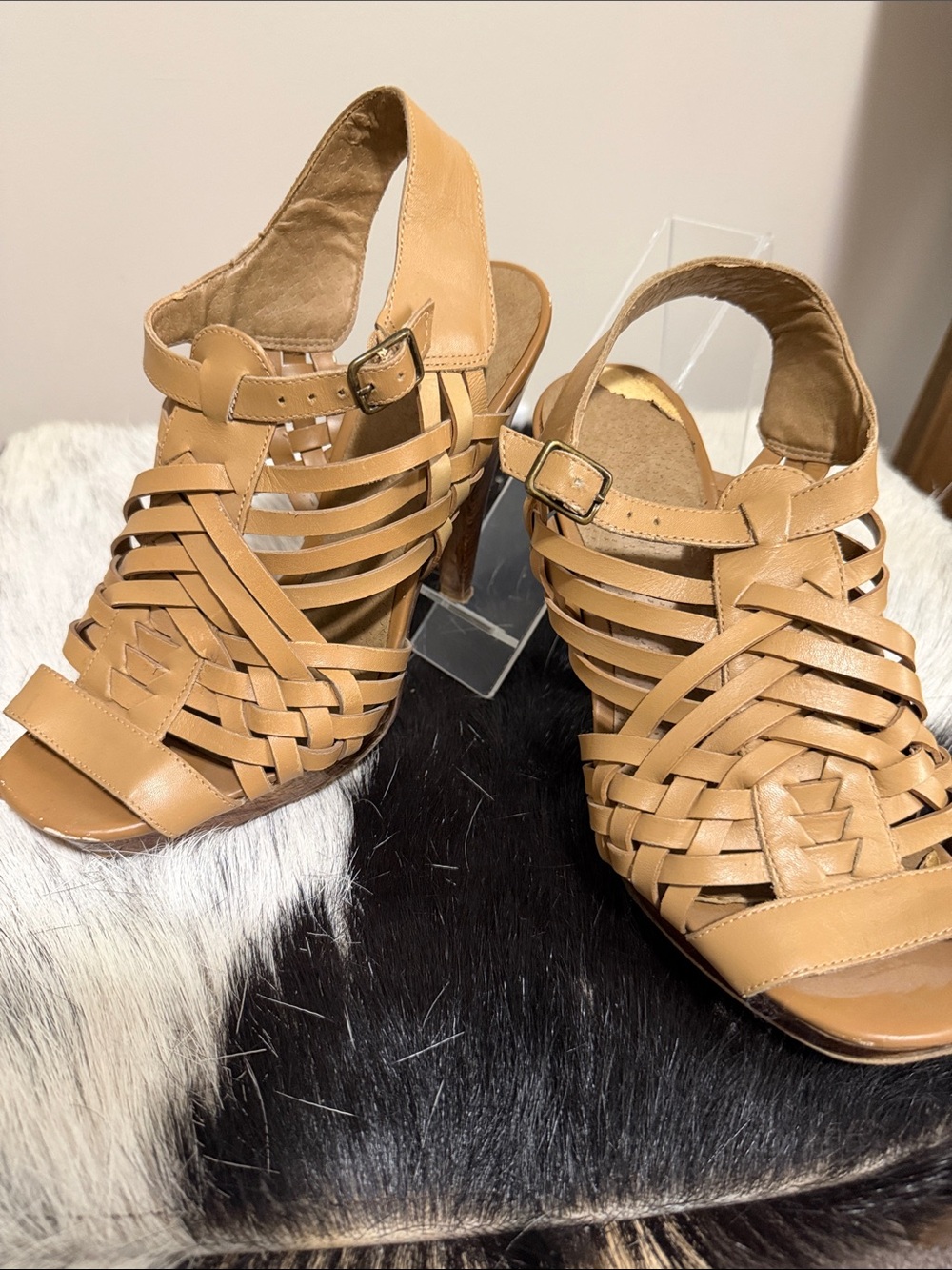 Woven Strappy High Heel Sandals in Tan